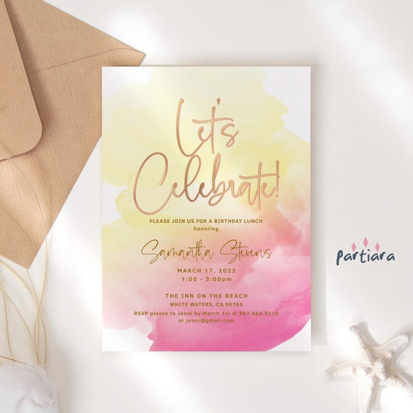 Pink Yellow Birthday Invite Ladies Lets Celebrate 30th 40th 50th 60th Birthday Brunch Party Invitations Printable Ombre Gold Editable P760