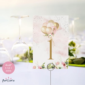 Numeri da tavolo per battesimo rosa stampabili, modello modificabile per biglietti da battesimo per bambine, decorazioni con palloncini color oro cipria, download P344