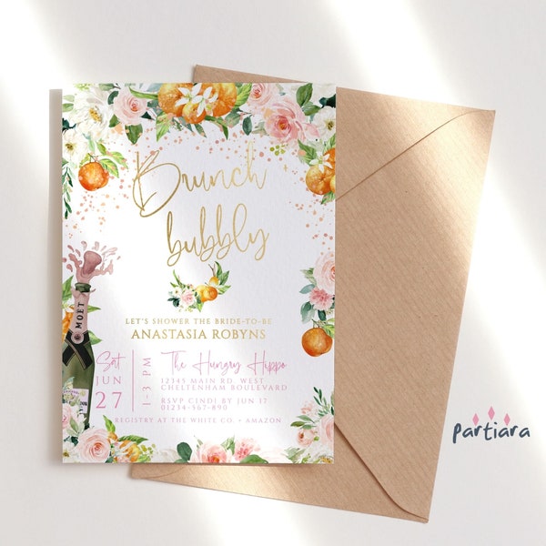 Birthday Brunch Invitation Printable Citrus Blush Pink Floral Ladies Champagne Summer Garden Party Invite Editable Download Template P117