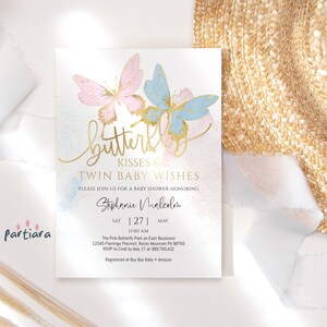 Invito per baby shower "Baci di farfalla gemelli", stampabile, per ragazzo e ragazza, con farfalle blu e rosa pastello, modello modificabile, download digitale P386