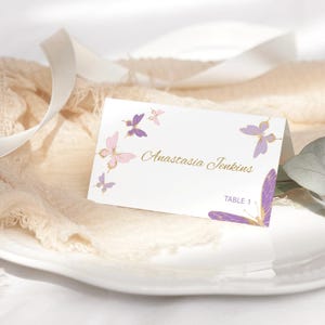 Plantilla de tarjeta de lugar con diseño de mariposa para cumpleaños, etiquetas imprimibles para mesa de comida de baby shower de niñas, decoración para bautizo o bautismo, editable P345