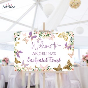 Letrero de bosque encantado para dar la bienvenida a la fiesta en el jardín, imprimible, póster floral con mariposas para el primer cumpleaños de una niña, plantilla editable para descargar P328