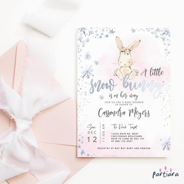 Invitation de baby shower rose lapin des neiges fille petits flocons de neige Invitation de fête d'hiver modèle floral argenté modifiable blush à télécharger P459