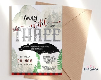 Young Wild and Three Invitation Lumberjack 3rd Birthday Party Invite Boy's Printable Buffalo Plaid Decor Editable Digital Download P13