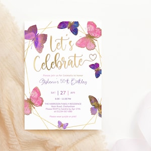 Bearbeitbarer Geburtstag einladen Schmetterling lässt feiern Überraschungs-Party Einladungs-Schablonen-Rosa-Lila Gold 50er 60er 70er einlädt Digital P337