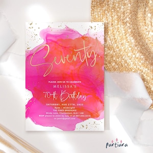 70th Birthday Invite Printable Hot Pink Orange Gold Ladies Brunch Invitation Tropical Fuschia Gold Decor Editable Digital Download P200
