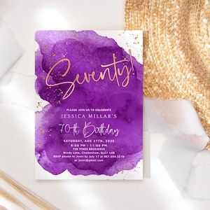 Editable 70th Birthday Invitation Template for Ladies, Digital Seventy Gold Dinner Party Flyer Printable, Download P281