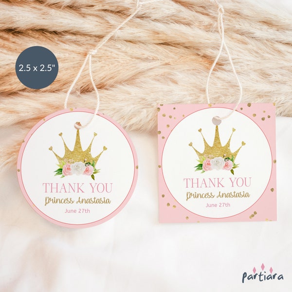 Editable Birthday Princess Tag Favor Gift Thank You Tags Girl Fairytale Baby Shower Labels Blush Pink Floral Tiara Printable Download P137