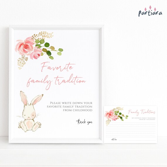 BUNNY BABY TRIVIA Favorite Family Traditions Game Sign and Notecard Set for Girls, Pink Floral Rabbit Printable Poster Decor, Editable P376