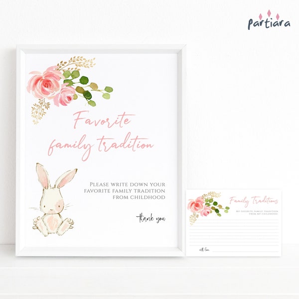 DIY Bunny Baby Shower Game Favorite Family Traditions Table Sign and Note Cards, Girl Blush Pink Gold Floral Woodland Rabbit Decor P66