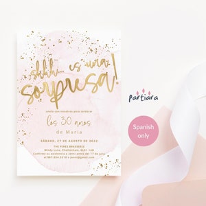 Roze verrassingsuitnodiging verjaardagsfeestje uitnodiging afdrukbare, Spaanse dames diner nodigt, pastel elegant goud decor, bewerkbare sjabloon P249