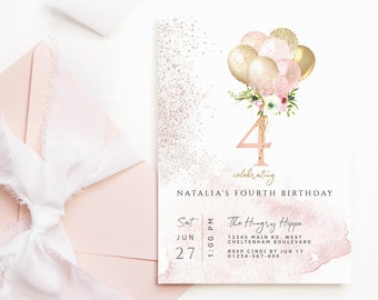 Pink Rose 4th Birthday Invitation for Girls, Rose Gold Blush Floral Balloons Tea Party Invite Printable, Editable Digital Download P382