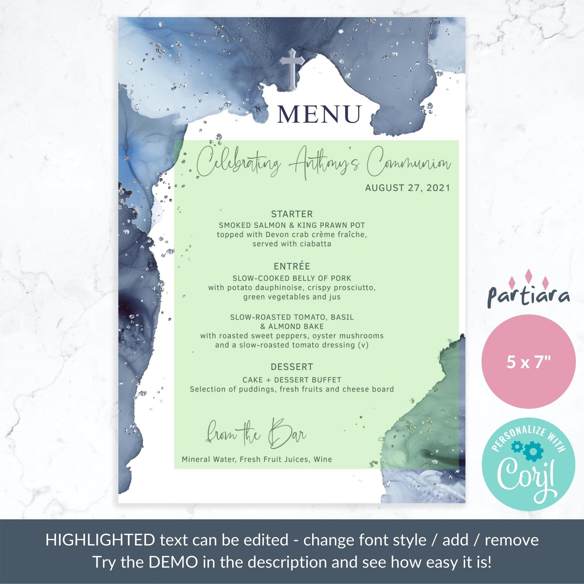 Boy Baptism Party Menu Card Printable Navy Blue Silver 1st Etsy