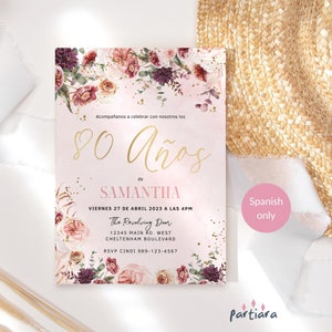 Convite para festa de aniversário de 80 anos 80 anos convites para mulheres outono floral ferrugem vermelho blush rosa decoração para impressão editável digital download P173