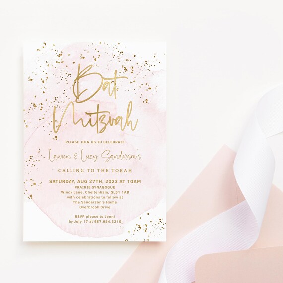 Bat Mitzvah Invite Editable Template Blush Pink Gold Girls Party Invitation Printable Corjl Digital Download P249