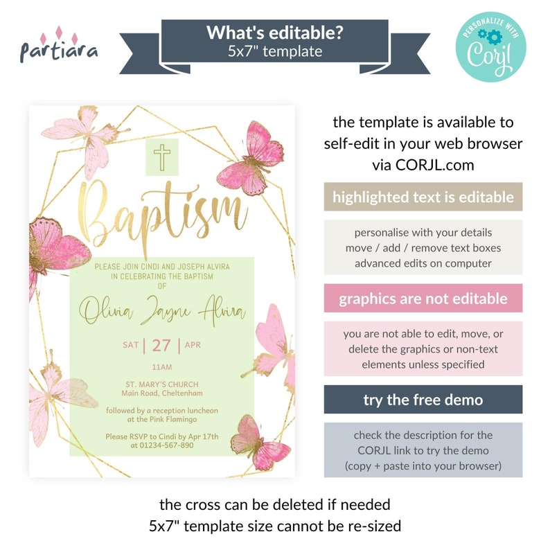 Baptism Invitation Girl Editable Butterflies Template DIY Etsy