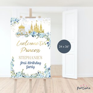 Princess Welcome Sign, Fairytale Welcome Party Poster Template, Blue Gold Royal Castle Floral Decor Printable, 24x36 Editable Download P137