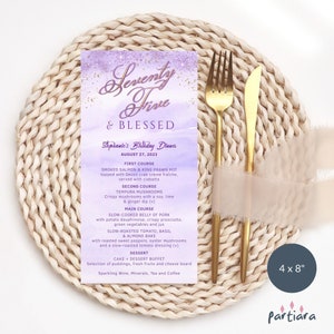 75. Geburtstag Menü Karte, Damen 75 und Selige Dinner Party Tisch Menüs Printable, Lila Lila Gold Glitter Decor, Bearbeitbar Download P264