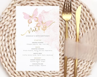 Pink Butterfly Menu Birthday Table Menus Printable, Girls Baby Shower Party Menu Card Template, Baptism or Christening Decor, Editable P293