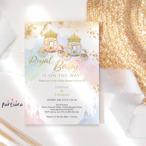 Fairytale Baby Shower Invitation Template, Royal Party Invite Printable, Boy Girl Pastel Blue Pink Castle Carriage Decor, Editable P137