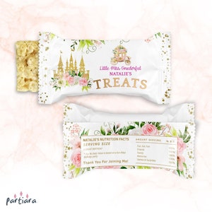 Etiqueta imprimible para envoltorio de golosinas de arroz para cumpleaños de princesas, para niñas, para el primer cumpleaños, con castillo de cuento de hadas, carruaje, dulces editables, descarga P137