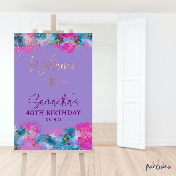 Ladies Birthday Party Welcome Sign Printable Purple Pink Gold Welcome Party Decor Editable 24x36 Digital Download Template P471