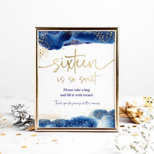Sweet 16 Treats Favor Sign, Royal Blue Gold 16th Birthday Gifts Table Poster Decor Printable, Editable Digital Download Template P260
