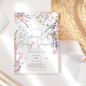 Betoverde babyuitnodiging, betoverd to meet you babyshower uitnodiging afdrukbare, bloemen wilde bloemen vlinder decor kaart bewerkbare download P256