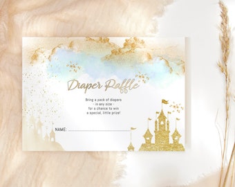Prince Baby Shower Diaper Raffle Card Template, Fairytale Castle Pastel Blue Gold Decor for Boys, Editable Digital Download P137