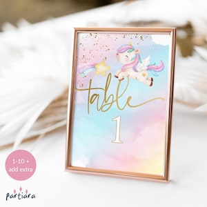 Modello per festa a tema unicorno con numero di tavolo per bambine, modello per battesimo arcobaleno pastello, biglietti per il primo compleanno, stampabili, modificabili, download digitale P179