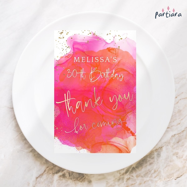 Pink Orange Thank You Card Printable Ladies Birthday Dinner Party Plate Notecards Editable Teens Tropical Gold Table Decor Download P200