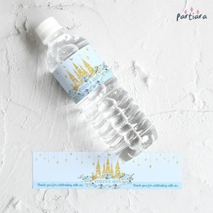 Castle Water Bottle Label Princess Party Template, Girls Blue Floral Gold Fairytale Labels Printable Editable Digital Download P137