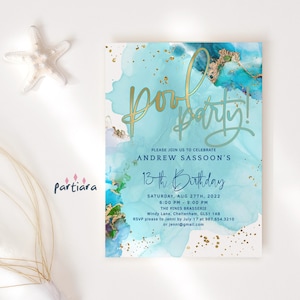 May include: Pool party invitation featuring a blue and gold watercolour background. The text reads "Pool Party!" and "Andrew Sassoon's 13th Birthday". The invitation includes the date, time, location, and RSVP details.