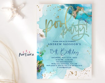 Pool Party Invitation, Birthday Swimming BBQ Invite Digital Download, Teens Boys or Girls, Teal Aqua Blue Gold Decor, Editable Template P243