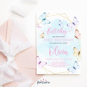 Modello di invito a farfalla per il 1° compleanno, invito per festa a farfalle pastello per ragazze stampabile, decorazioni blu pastello rosa viola, modificabile P171