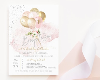 Baptism Invitation Girl Editable Template: 1st Birthday Joint Invite Printable - Pink Balloons P344
