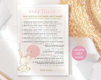 Baby Shower Games EDITABLE Baby Trivia Game Template, Girl Baby Shower Games, Blush Pink Bunny Rabbit with Balloon Printable Download P20