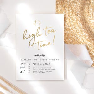 Es ist High Tea Time Einladung Damen Geburtstag Tee Party Einladungen Printable Alle Weiß und Gold Dekor Bearbeitbare Sofort Download Vorlage