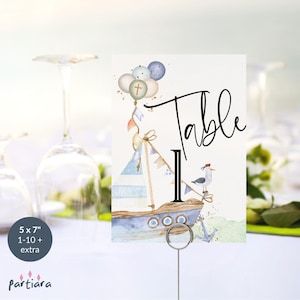 Taufe Tischnummern, Nautisch 1st Geburtstag Gemeinsame Taufe Party Tische Dekor Printable, Blau Grün Taufe Ballons, Bearbeitbar P662