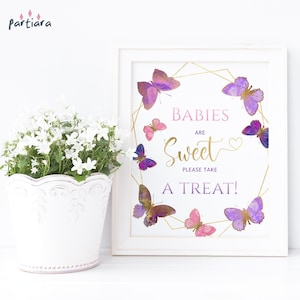 Baby Girls Treat Table Sign Butterfly Baby Shower Printable, Babies are Sweet Take a Treat Dessert Pink Purple Poster Editable Template P337