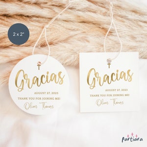 Doop bedankkaartje Spaanse gunst geschenken labelsjabloon, jongen of meisje volledig witgoud decor afdrukbare, bewerkbare digitale download P493