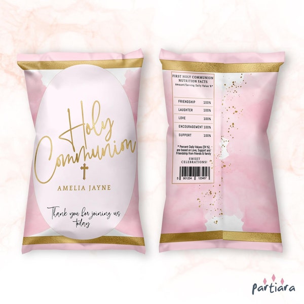 Girls Holy Communion Chip Bag Wrapper Label Printable Pink and Gold First Holy Communion Personalized Favor Wraps Editable Download P761