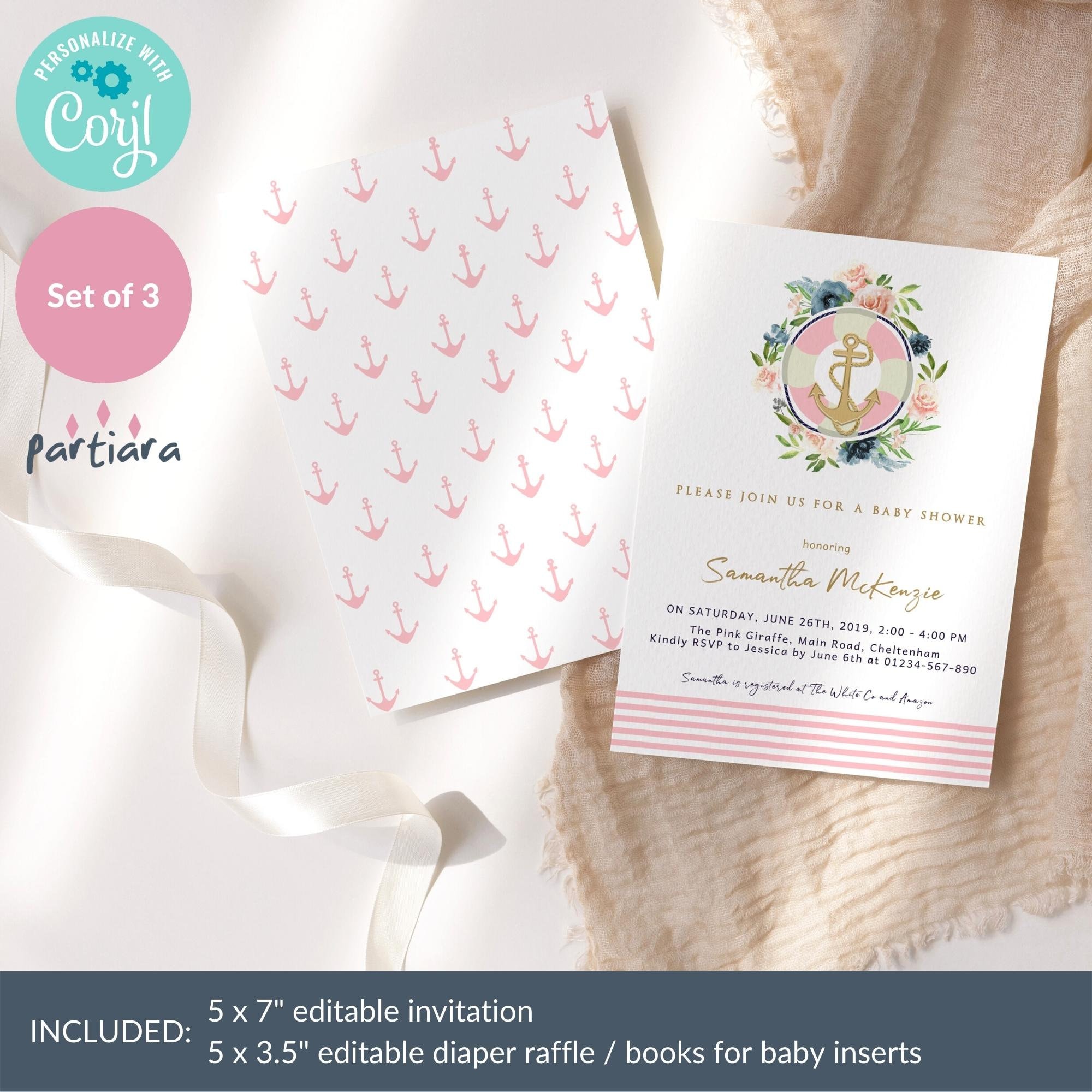 Girl Nautical Baby Shower Invite Printable Blush Pink Navy Etsy