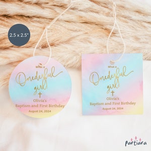 Onederful Party Tag, Taufe Gunst Geschenkanhänger druckbar, Etikettenvorlage zum 1. Geburtstag gemeinsame Taufe, Pastell Regenbogen Dekor, bearbeitbar P179