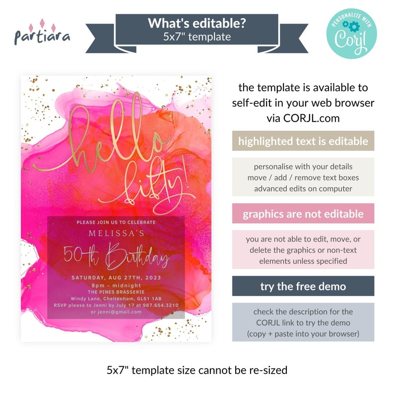 Tropical 50th Invitation Hello Fifty Hot Pink Orange Invite Printable Ladies Dinner Dance Party Invites Editable Digital Download P200 image 3