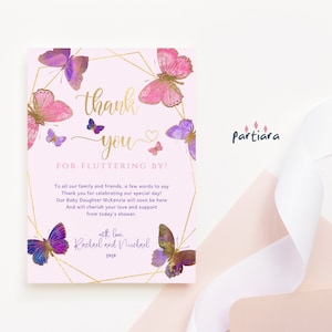 Butterfly Thank You Cards Girls Birthday Butterflies Party Notecard Printable, Baby Shower Thanks Pink Purple Gold Decor, Editable P355