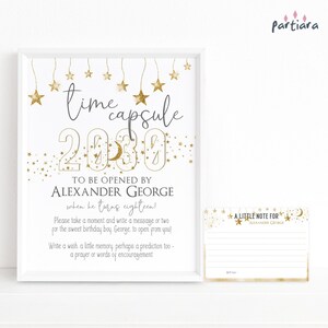 Tijdcapsule jongens 1e verjaardag bord sjabloon set, volledig witgoud Twinkle Little Star thema tafeldecor afdrukbaar, bewerkbaar P430 P2