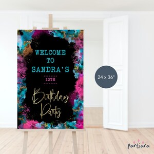 Girls Birthday Welcome Sign Template, Ladies 40th Birthday Party Welcome Poster Printable, Neon Hot Pink Blue Decor, Editable 24x36 P750
