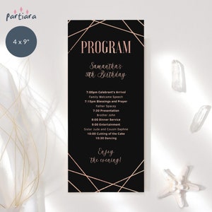 Rose Gold Program Template, Birthday Table Programs Printable, Teen Girls or Ladies Black Events Decor, Editable Digital Download P86