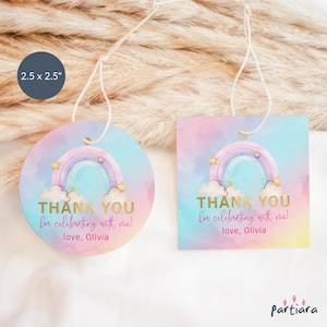 Rainbow Thank You Tag, 1st Birthday Favor Gift Tags Printable, Girls Pastel Party Goodie Bag Labels Editable Template Download P179